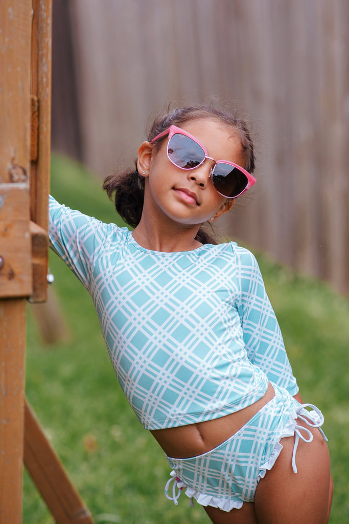 Rashguard Crop Set: Picnic Plaid in Seaside Blue