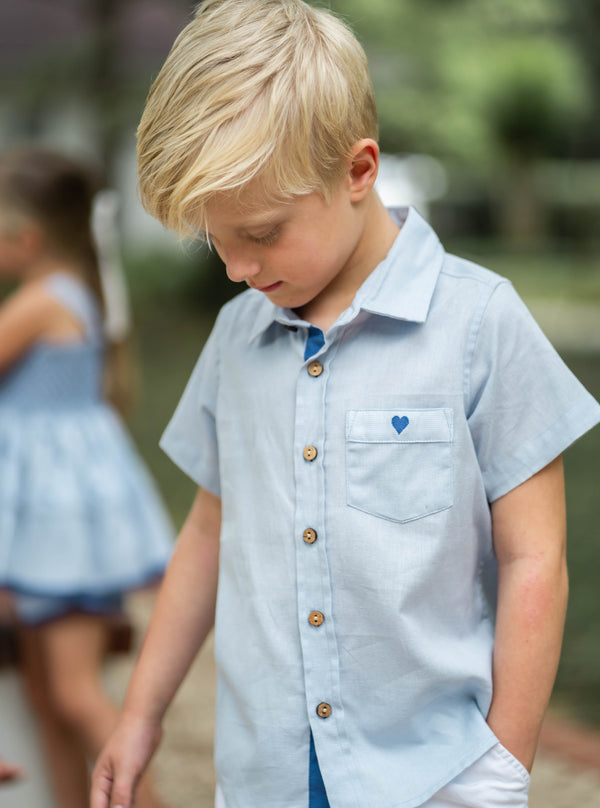 Collared Shirt: Chambray Blue Heart