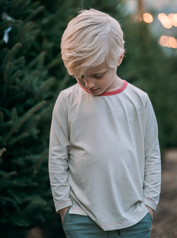 The Long Sleeve Simple Tee: Oatmeal and Faded Red